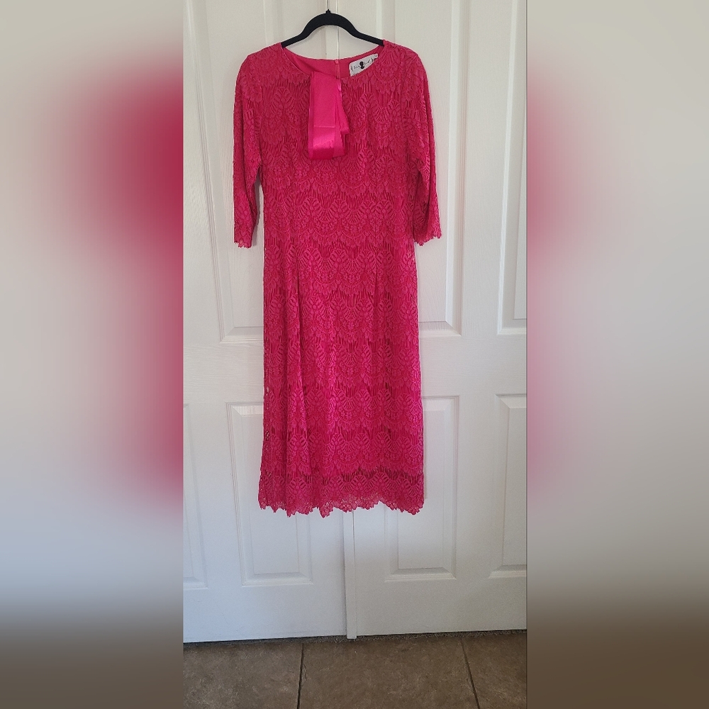 Dainty Jewels Hot pink lace dress with sash for belt. Ladies size Large.
